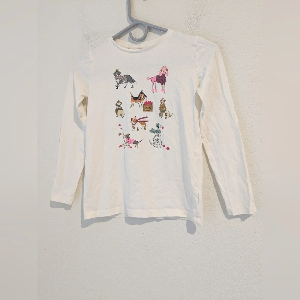 Crewcuts Girls 8-9 White Cotton Dogs Graphic Printed Long Sleeve Tee Fall